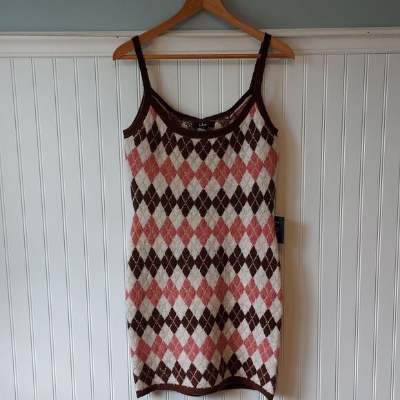 🆕Lulu's‎ Clued In Cutie Brown Pink Cream Multi Argyle Mini Sweater Dress L - Picture 1 of 9
